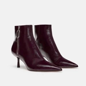 Zara Eggplant Pointed Toe Ankle Booties with Kitten Heel (Faux Patent Leather)